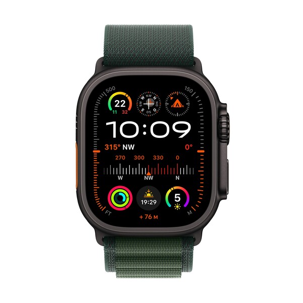 Apple Watch Ultra 2 GPS + Cellular, 49 mm Titangehäuse Schwarz, Alpine Loop Dunkelgrün − Large