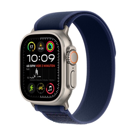 Apple Watch Ultra 2 GPS + Cellular, 49 mm Titangehäuse Natur, Trail Loop Blau – S/M