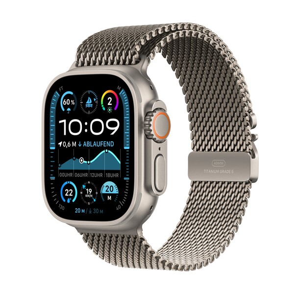 Sie sehen das Produktbild 01 von Apple Watch Ultra 2 GPS + Cellular, 49 mm Titangehäuse Natur, Milanaise Armband Titan Natur – M Apple Watch Ultra 2 GPS + Cellular, 49 mm Titangehäuse Natur, Milanaise Armband Titan Natur – M