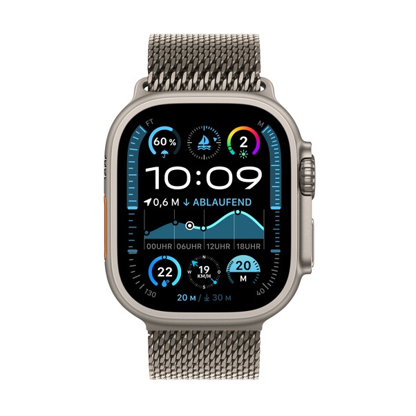 Sie sehen das Produktbild 02 von Apple Watch Ultra 2 GPS + Cellular, 49 mm Titangehäuse Natur, Milanaise Armband Titan Natur – M Apple Watch Ultra 2 GPS + Cellular, 49 mm Titangehäuse Natur, Milanaise Armband Titan Natur – M