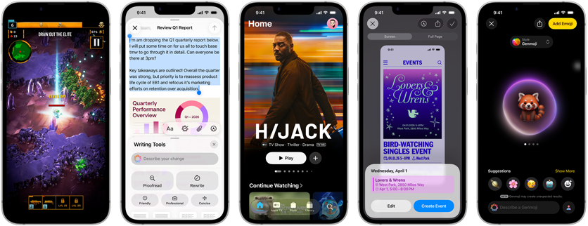 Nebeneinander angeordnete iPhone 17e Geräte mit unterschiedlichen Displays: ein Spiel wird gespielt, Schreibtools, Apple TV App, ein Kalenderereignis wird erstellt, ein Genmoji wird erstellt