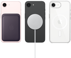 iPhone 17e in Farbe Hellrosa mit Feingewebe Wallet in Farbe Mitternachtviolett, iPhone 17e in Farbe Schwarz mit Silikon Case in Farbe Schwarz und MagSafe Ladegerät, iPhone 17e in Farbe Weiß mit Clear Case mit MagSafe