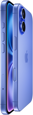 Zwei iPhone 16 Geräte, Seitenansicht, Display an Display aufeinanderliegend in der Farbe Ultramarin, Lautstärketasten, Actiontaste, Seitentaste, Taste für die Kamerasteuerung, Apple Logo in der Mitte, erhöhtes fortschrittliches Zwei-Kamera-System
