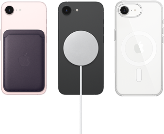 iPhone 17e in Farbe Hellrosa mit Feingewebe Wallet in Farbe Mitternachtviolett, iPhone 17e in Farbe Schwarz mit Silikon Case in Farbe Schwarz und MagSafe Ladegerät, iPhone 17e in Farbe Weiß mit Clear Case mit MagSafe