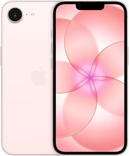 Nebeneinander, iPhone 17e, Rückseite, Farbe Hellrosa, Fusion Kamera-System oben links, iPhone 17e, Vorderseite, All‑Screen Design