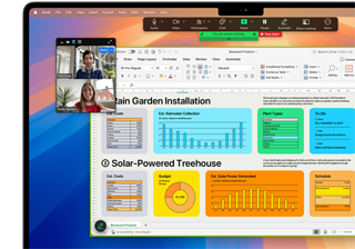 Diagramme, Tabellen und ein Videoanruf sind auf einem 16" MacBook Pro geöffnet und aktiv, um die Kompatibilität von macOS mit Microsoft Excel und Zoom zu demonstrieren