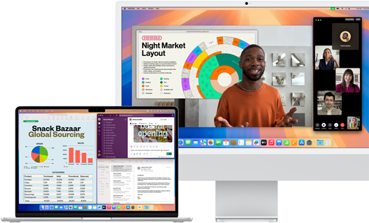 Ein aufgeklapptes 15" MacBook Air in Silber führt Mail, Numbers und Slack aus, daneben ein 24" iMac, auf dem eine Person eine Keynote Präsentation über FaceTime hält