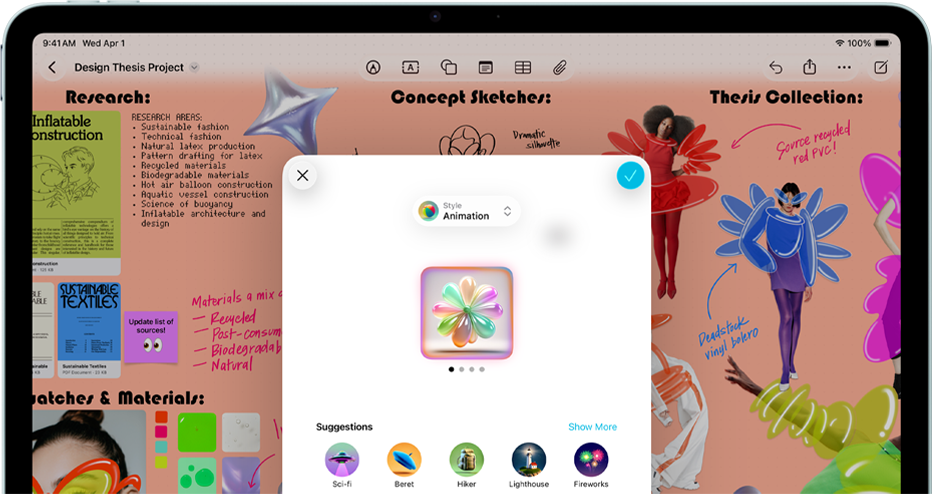 iPad Air, Vorderansicht, Querformat, Lautstärketasten, Ein‑/Ausschalter, das Display zeigt eine farbenfrohe App Benutzeroberfläche mit verschiedenen Symbolen