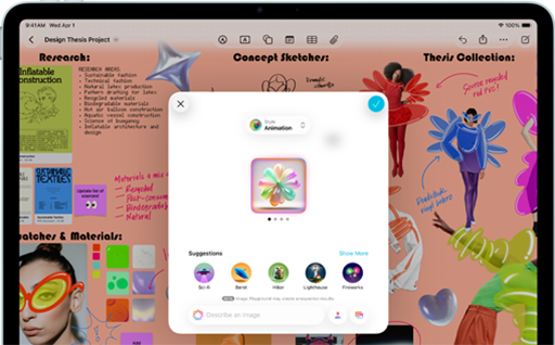 iPad Air, Vorderansicht, Querformat, Lautstärketasten, Ein‑/Ausschalter, das Display zeigt eine farbenfrohe App Benutzeroberfläche mit verschiedenen Symbolen