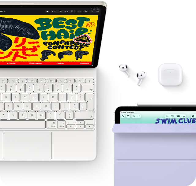 iPad Air, Farbe Polarstern, farbige Grafik auf dem Display, befestigt am Magic Keyboard, Airpods Pro und Apple Pencil Pro Zubehör