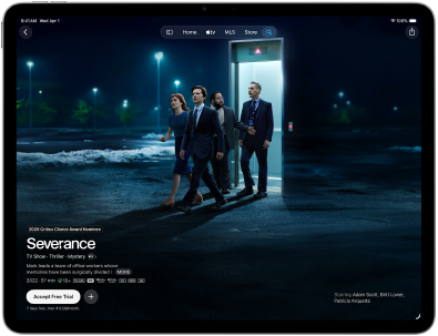 iPad Air, Vorderansicht, das Display zeigt Severance in der Apple TV App