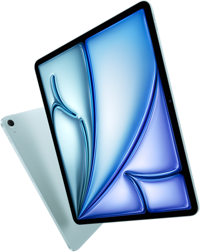 Schräge Vorderansicht des 13" iPad Air, farbenfrohes Display, Rückansicht des 11" iPad Air mit 12 MP Weitwinkel-Rückkamera
