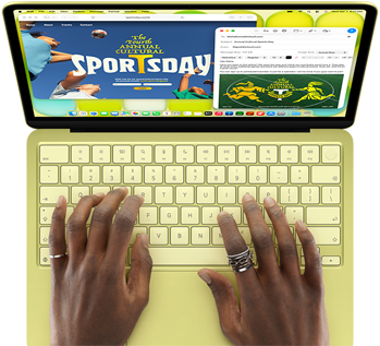 MacBook Neo, Farbe Zitrus, eine Person tippt auf der Tastatur und verfasst eine E-Mail Einladung zur Eröffnung eines Sportevents, die Website für das Event wird daneben angezeigt